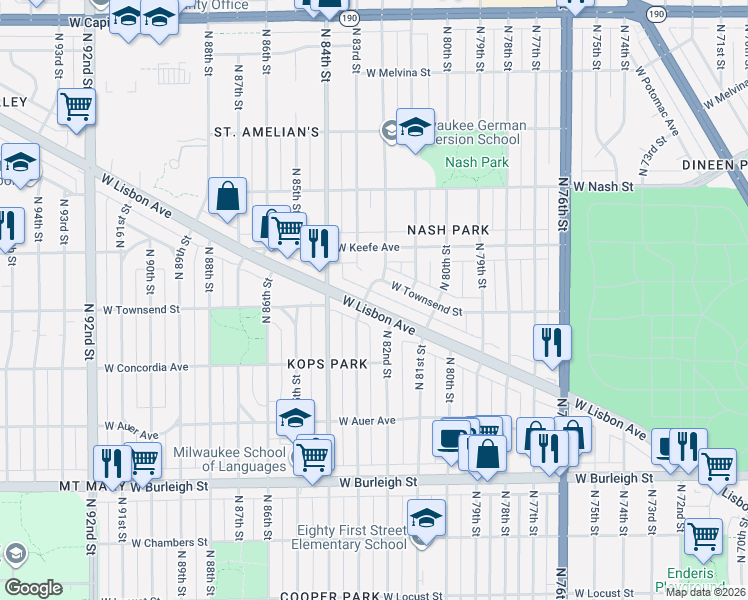 map of restaurants, bars, coffee shops, grocery stores, and more near 3437 North Ripon Place in Milwaukee