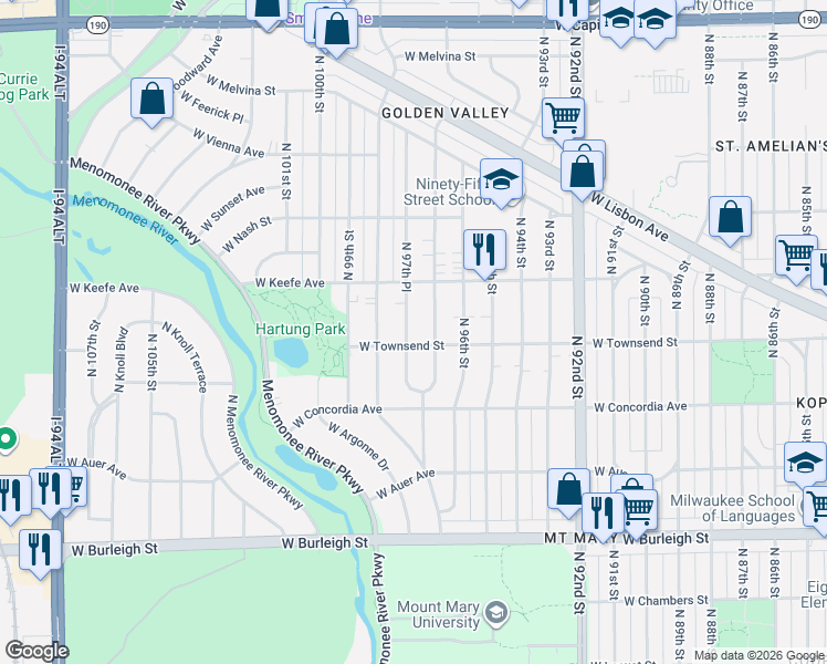 map of restaurants, bars, coffee shops, grocery stores, and more near 3443 North 97th Street in Milwaukee