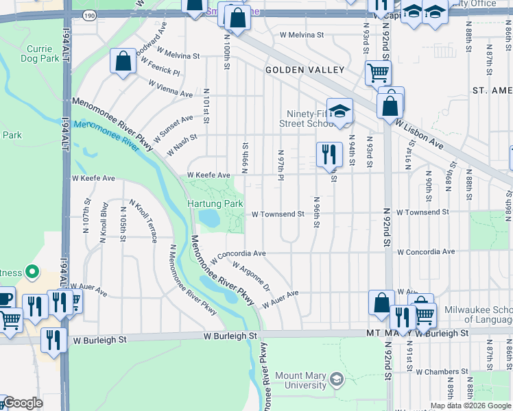 map of restaurants, bars, coffee shops, grocery stores, and more near 3442 North 99th Street in Milwaukee