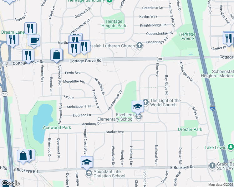 map of restaurants, bars, coffee shops, grocery stores, and more near 1210 Meadowlark Drive in Madison
