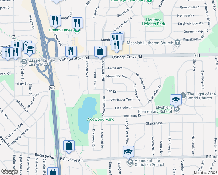 map of restaurants, bars, coffee shops, grocery stores, and more near 1125 Acewood Boulevard in Madison