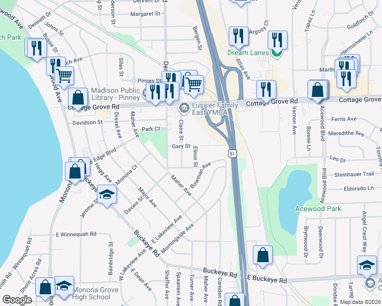 map of restaurants, bars, coffee shops, grocery stores, and more near 4202 Claire Street in Madison