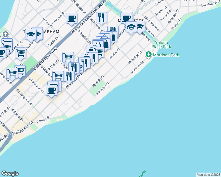 map of restaurants, bars, coffee shops, grocery stores, and more near 1215 Rutledge Street in Madison