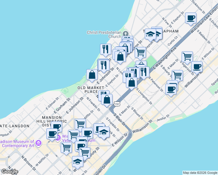 map of restaurants, bars, coffee shops, grocery stores, and more near in Madison