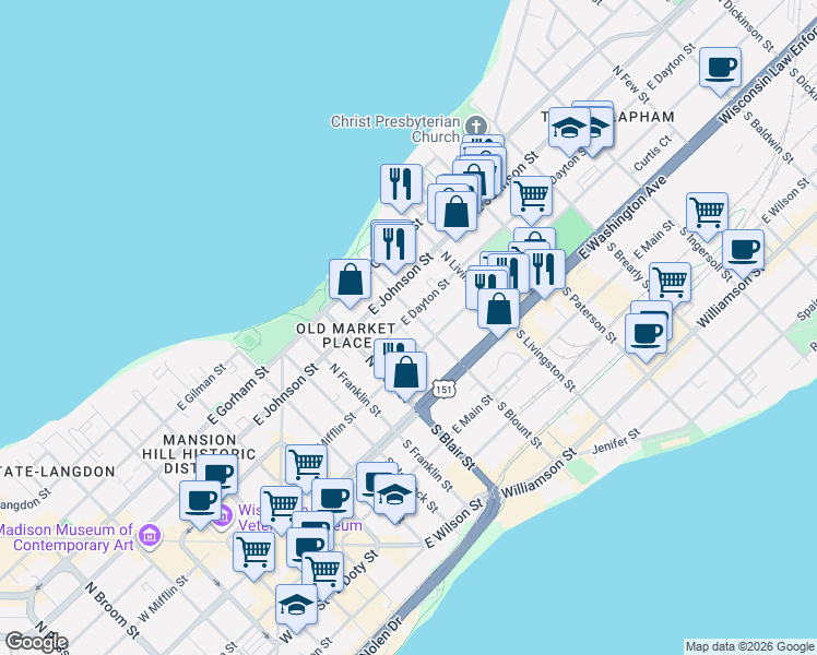 map of restaurants, bars, coffee shops, grocery stores, and more near in Madison