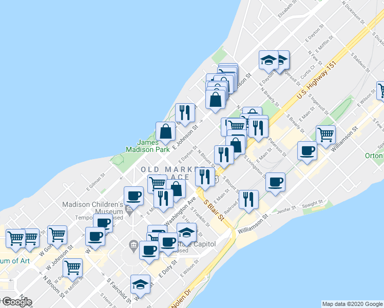 map of restaurants, bars, coffee shops, grocery stores, and more near in Madison