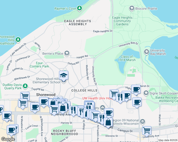 map of restaurants, bars, coffee shops, grocery stores, and more near 1218 University Bay Drive in Madison