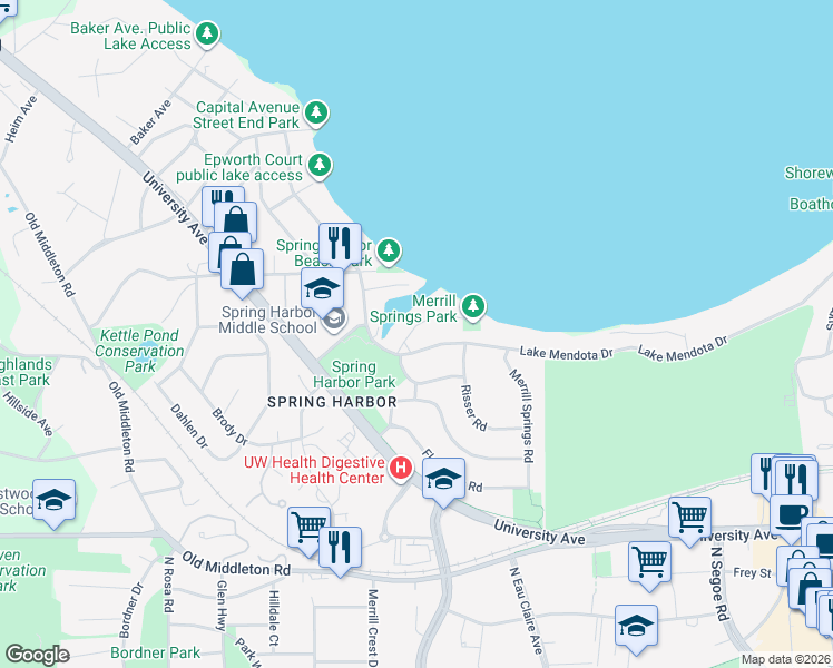 map of restaurants, bars, coffee shops, grocery stores, and more near 5140 Spring Court in Madison