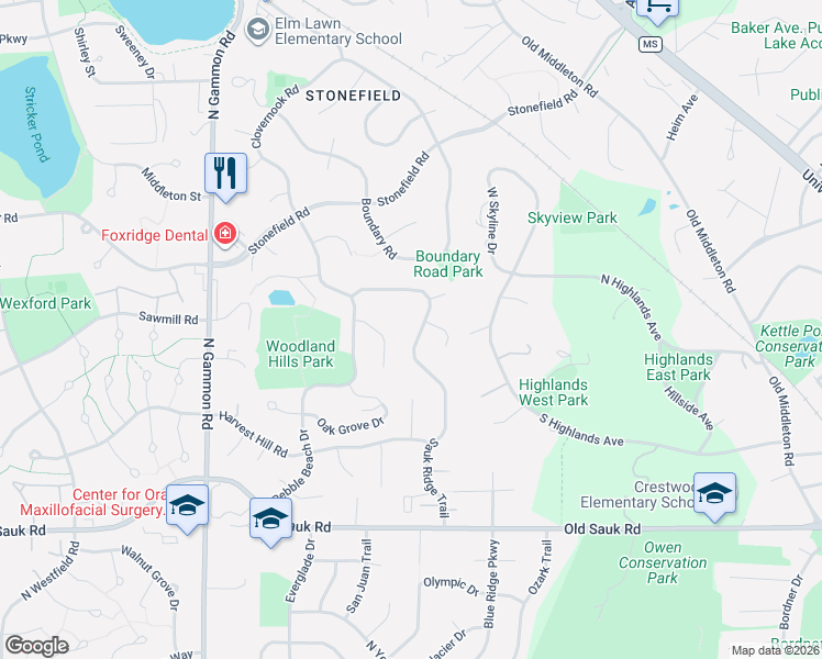 map of restaurants, bars, coffee shops, grocery stores, and more near 934 Sauk Ridge Trail in Madison