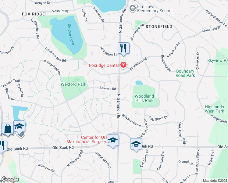 map of restaurants, bars, coffee shops, grocery stores, and more near 7010 Sawmill Road in Madison