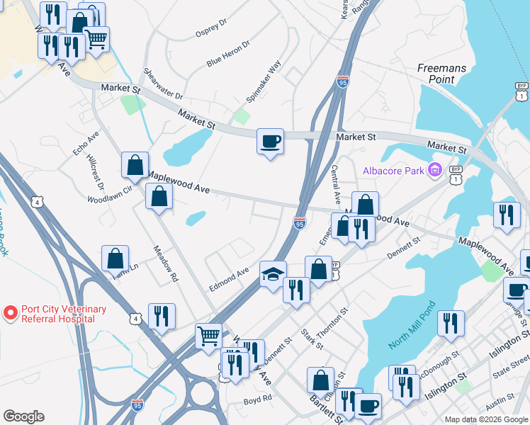map of restaurants, bars, coffee shops, grocery stores, and more near 897 Maplewood Avenue in Portsmouth