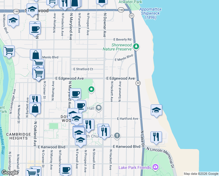 map of restaurants, bars, coffee shops, grocery stores, and more near 3484 North Downer Avenue in Milwaukee