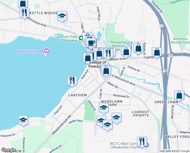 map of restaurants, bars, coffee shops, grocery stores, and more near 144 Lake Street in Pewaukee