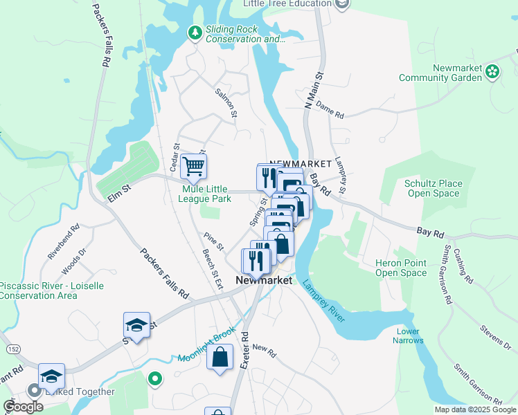map of restaurants, bars, coffee shops, grocery stores, and more near 18 Spring Street in Newmarket