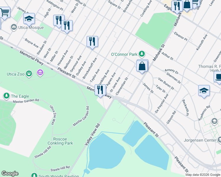 map of restaurants, bars, coffee shops, grocery stores, and more near 1650 Saint Agnes Avenue in Utica