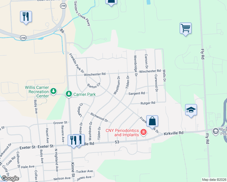 map of restaurants, bars, coffee shops, grocery stores, and more near 315 Washburn Drive in East Syracuse