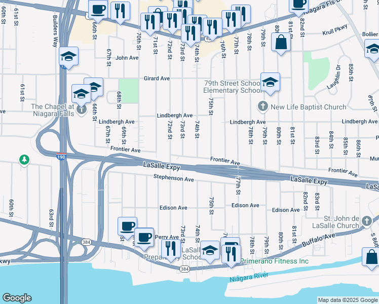 map of restaurants, bars, coffee shops, grocery stores, and more near 432 74th Street in Niagara Falls