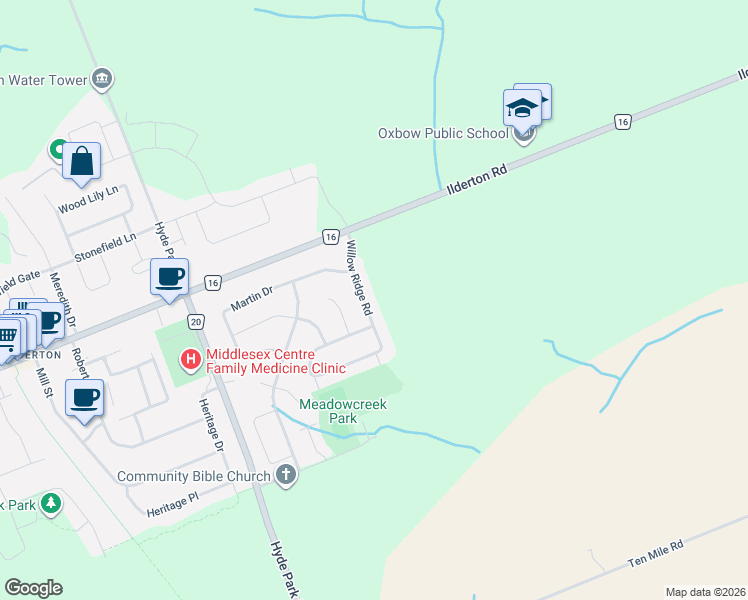 map of restaurants, bars, coffee shops, grocery stores, and more near 56 Willow Ridge Road in Ilderton