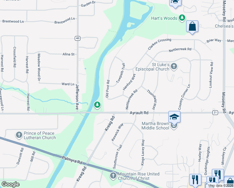map of restaurants, bars, coffee shops, grocery stores, and more near 6 Towpath Trail in Fairport