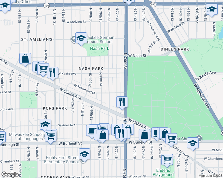map of restaurants, bars, coffee shops, grocery stores, and more near 3442 North 78th Street in Milwaukee