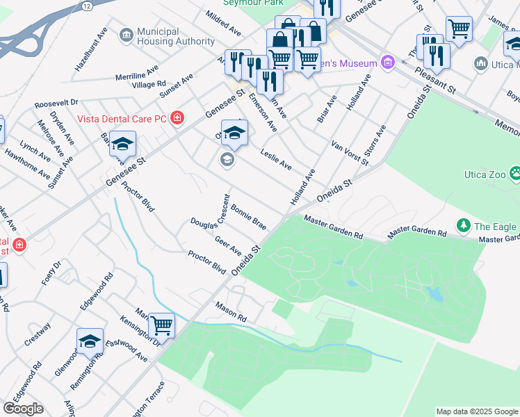 map of restaurants, bars, coffee shops, grocery stores, and more near 69 Ballantyne Brae in Utica