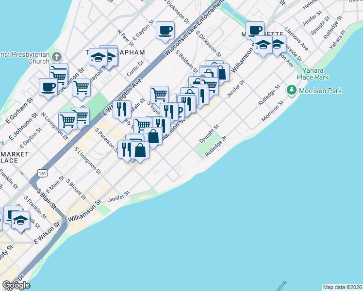map of restaurants, bars, coffee shops, grocery stores, and more near 1100 Jenifer Street in Madison