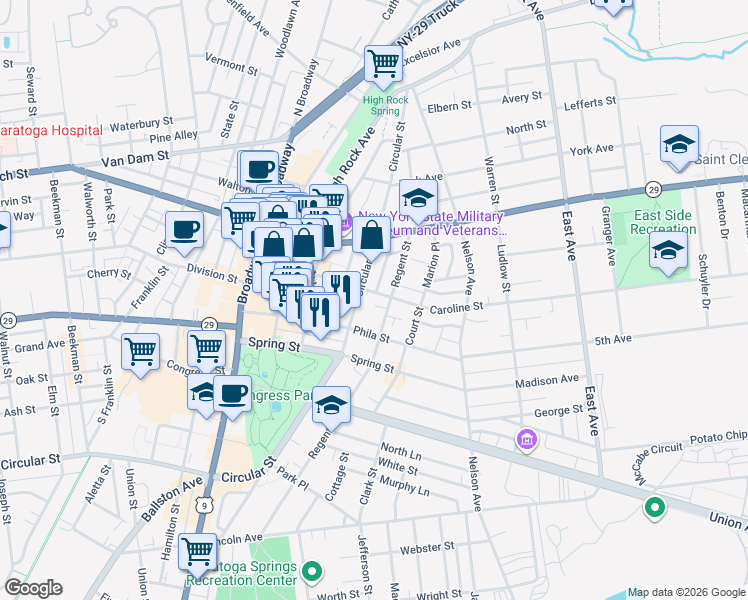 map of restaurants, bars, coffee shops, grocery stores, and more near 104 Caroline Street in Saratoga Springs
