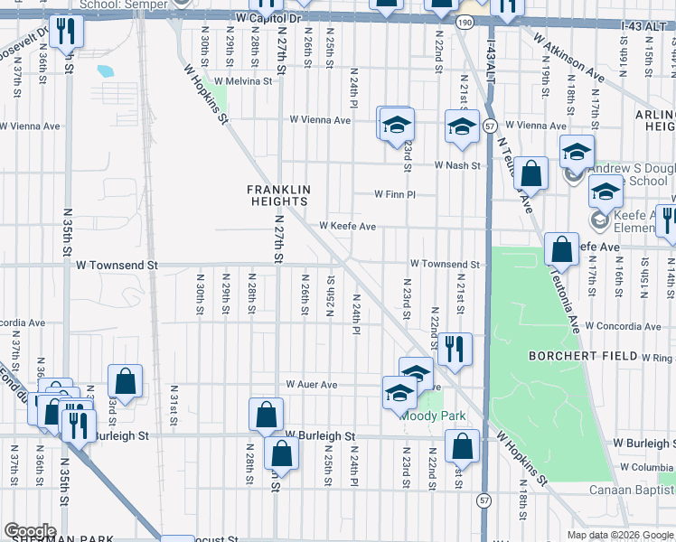 map of restaurants, bars, coffee shops, grocery stores, and more near 2509-2511 West Hopkins Street in Milwaukee