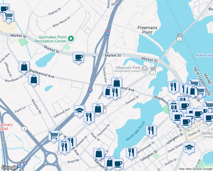 map of restaurants, bars, coffee shops, grocery stores, and more near Maplewood Avenue in Portsmouth
