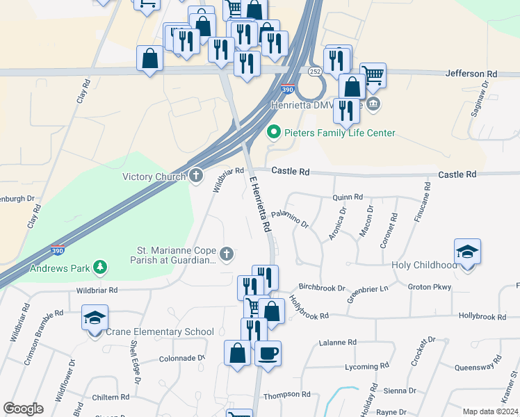 map of restaurants, bars, coffee shops, grocery stores, and more near 2005 East Henrietta Road in Rochester