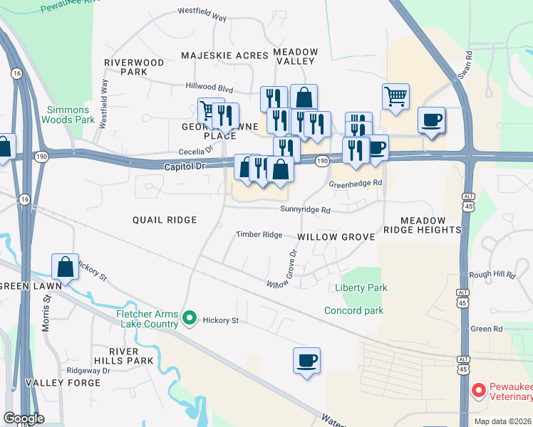 map of restaurants, bars, coffee shops, grocery stores, and more near 1230 Capitol Drive in Pewaukee