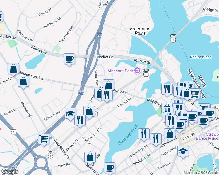 map of restaurants, bars, coffee shops, grocery stores, and more near 44 Cutts Street in Portsmouth