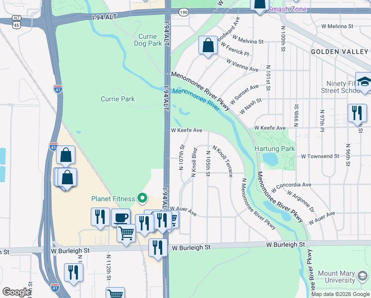 map of restaurants, bars, coffee shops, grocery stores, and more near 3383 North Knoll Boulevard in Wauwatosa