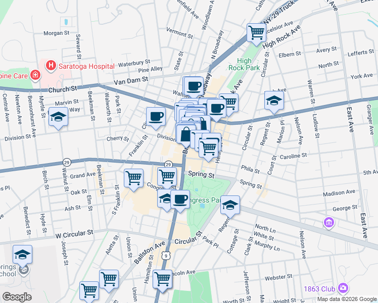 map of restaurants, bars, coffee shops, grocery stores, and more near 422 Broadway in Saratoga Springs
