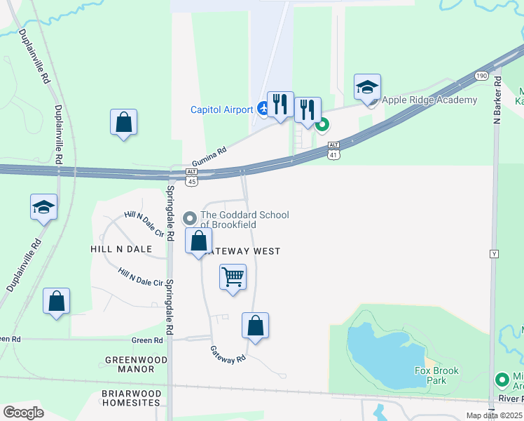 map of restaurants, bars, coffee shops, grocery stores, and more near 3410 Gateway Road in Brookfield