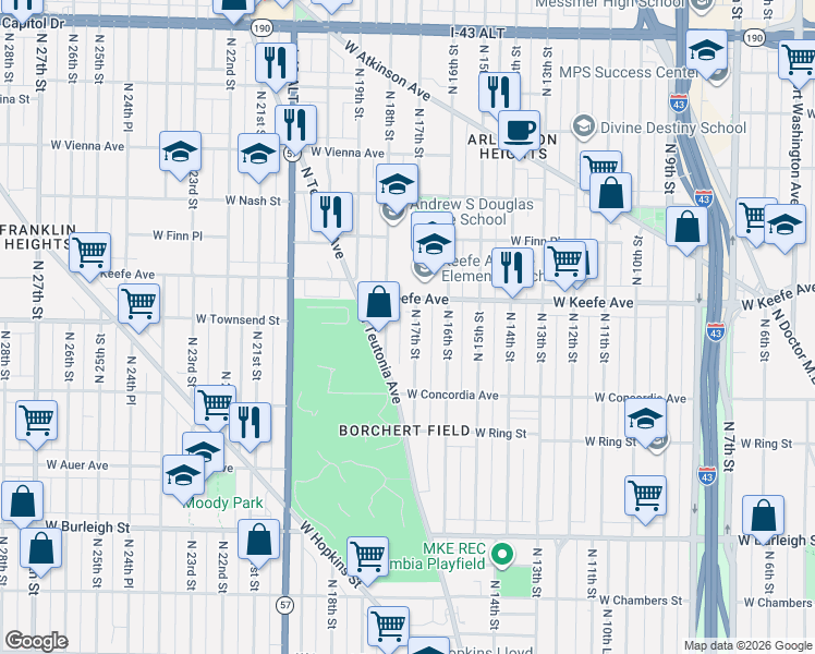map of restaurants, bars, coffee shops, grocery stores, and more near 1723 West Keefe Avenue in Milwaukee