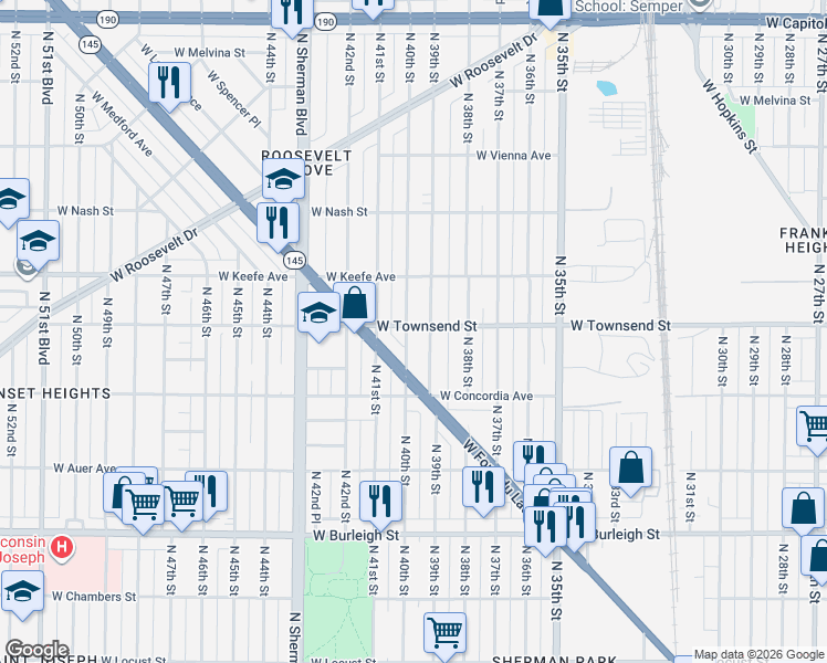 map of restaurants, bars, coffee shops, grocery stores, and more near 3416 North 40th Street in Milwaukee