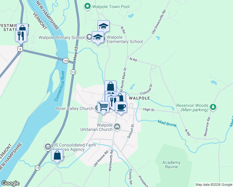 map of restaurants, bars, coffee shops, grocery stores, and more near 7 Rogers Street in Walpole