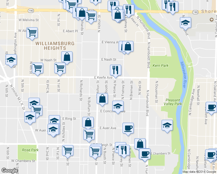 map of restaurants, bars, coffee shops, grocery stores, and more near 3483 North Pierce Street in Milwaukee