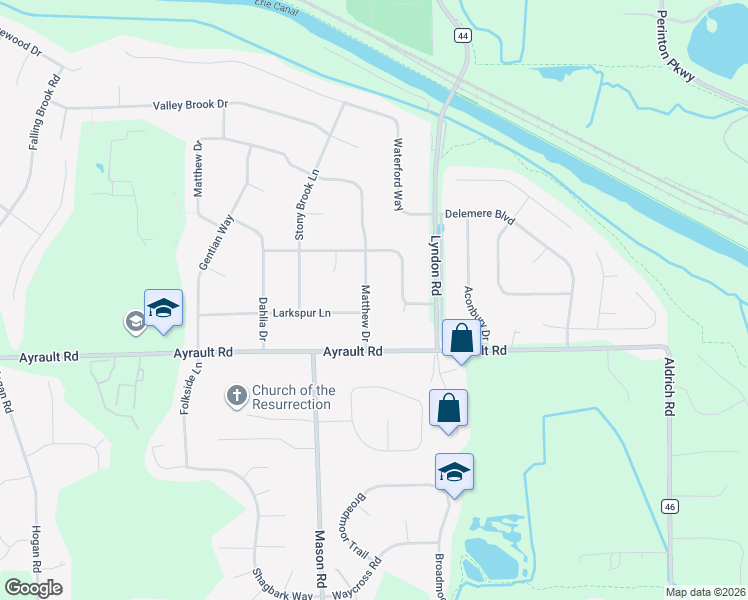 map of restaurants, bars, coffee shops, grocery stores, and more near 14 Matthew Drive in Fairport