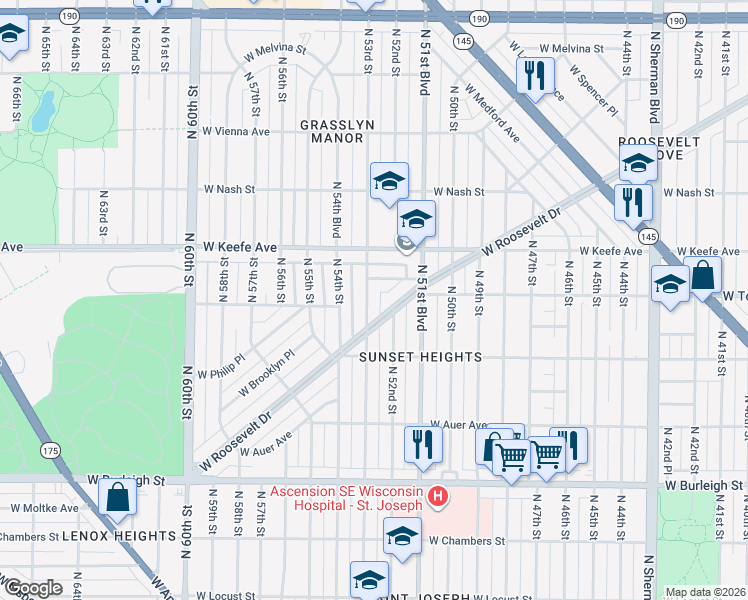 map of restaurants, bars, coffee shops, grocery stores, and more near 3424 North 53rd Street in Milwaukee