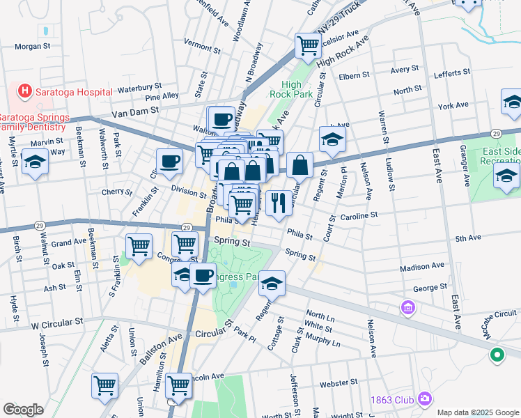 map of restaurants, bars, coffee shops, grocery stores, and more near 66 Caroline Street in Saratoga Springs