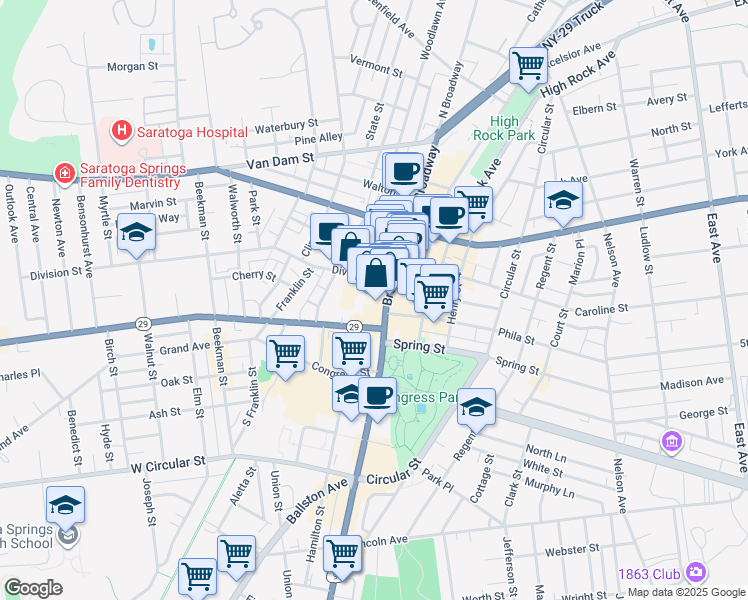 map of restaurants, bars, coffee shops, grocery stores, and more near 17 Division Street in Saratoga Springs