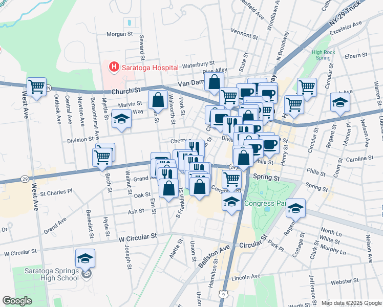 map of restaurants, bars, coffee shops, grocery stores, and more near 18 Cherry Street in Saratoga Springs