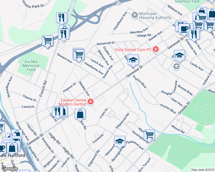 map of restaurants, bars, coffee shops, grocery stores, and more near 4 Seward Avenue in Utica