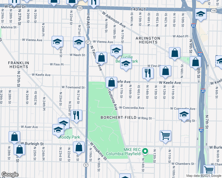 map of restaurants, bars, coffee shops, grocery stores, and more near 3472 North Teutonia Avenue in Milwaukee