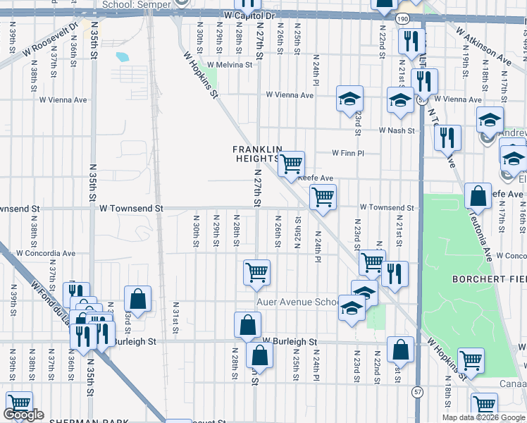 map of restaurants, bars, coffee shops, grocery stores, and more near 2625 West Townsend Street in Milwaukee