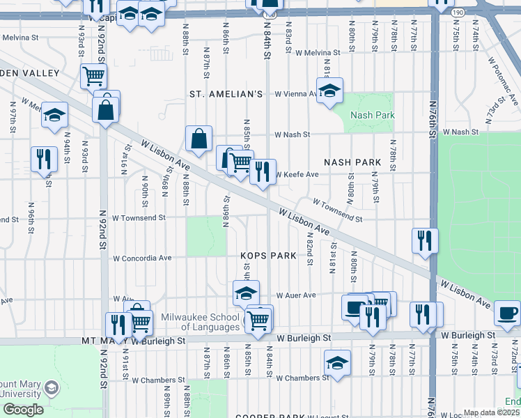 map of restaurants, bars, coffee shops, grocery stores, and more near 8426 West Lisbon Avenue in Milwaukee