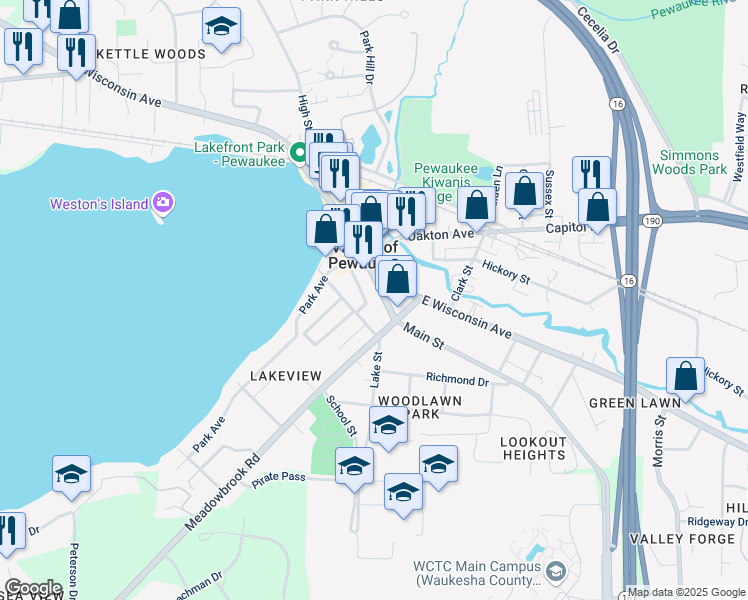 map of restaurants, bars, coffee shops, grocery stores, and more near 126 Main Street in Pewaukee