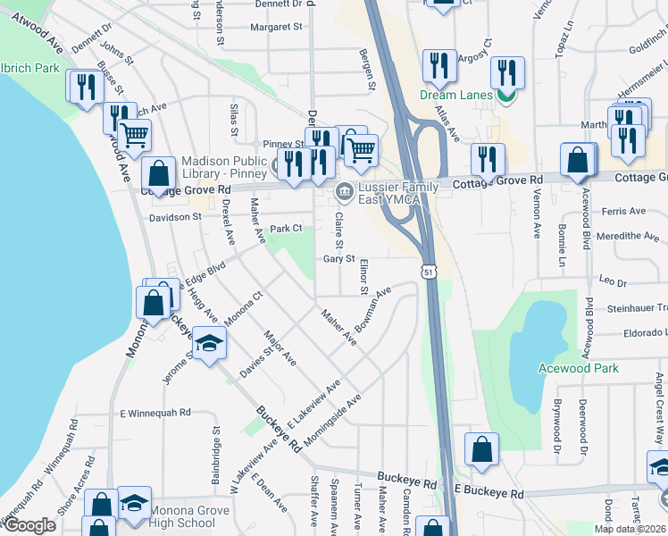 map of restaurants, bars, coffee shops, grocery stores, and more near 4008 Dempsey Road in Madison